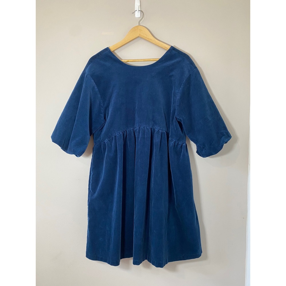 Everlane Blue Fine Wale Corduroy Mini Dress Short Sleeve Babydoll Pockets Size M